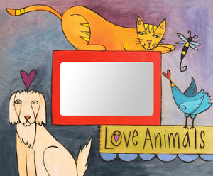 "Dogs & Cats & Birds Oh My" Picture Frame – "Love Animals" colorful picture frame for your favorite pet photos front view