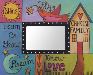"Everyday Endeavors" Picture Frame – Learn/Grow/Dream frame with home, sun and moon motif front view