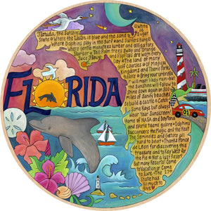 "Fabulously Florida" Lazy Susan – Our favorite things about Florida fill the state outline on a seascape motif front view