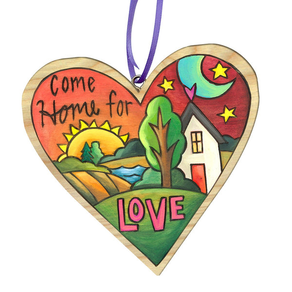 New! "Amor" Heart Ornament – "Come home for love" sun and moon landscape design in a bright color palette.