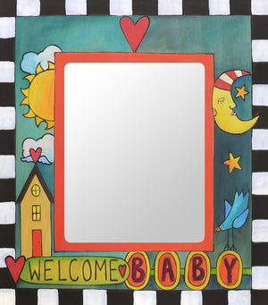 "Hello, Little Person" Picture Frame – "Welcome, Baby" frame with sun, moon and home motif front view