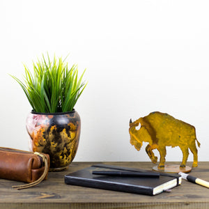 Buffalo Sculpture – Rustic patina bison sculpture adds the perfect touch of western plains to your home's décor displayed on a desk