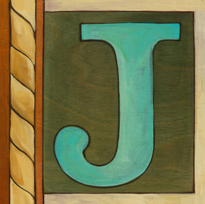 Sincerely, Sticks "J" Alphabet Letter Plaque option 1 with rope edge