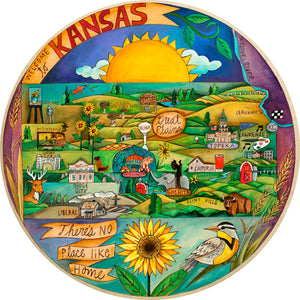 "Kindly Kansas" Lazy Susan – "There's no place like home" Kansas lazy susan design with a map of the state framed by a rising sun and blooming sunflower