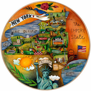28" Lazy Susan – "The Empire State" New York state themed lazy susan featuring prominent landmarks and cities