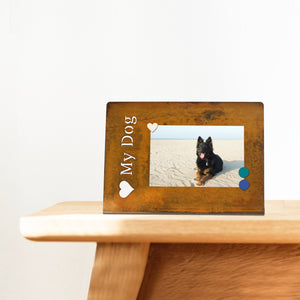 Love My Dog Magnetic Frame – Easily show off your newest photos of your fur baby by using this tabletop patina frame example with beach dog photo