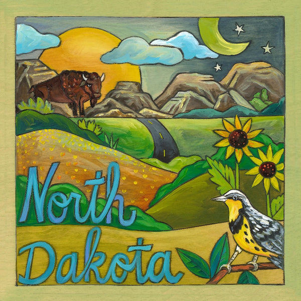 "Be Legendary" Plaque – "North Dakota" prairie landscape plaque with a bison and meadowlark critters front view