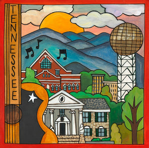 "Ol' Rocky Top" Plaque – "Tennessee" plaque design with Memphis and Knoxville landmarks in a beautiful mountainous landscape front view