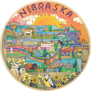 "Prairiedise" Lazy Susan – A Nebraska landscape motif with rolling hills and prairie wildlife front view