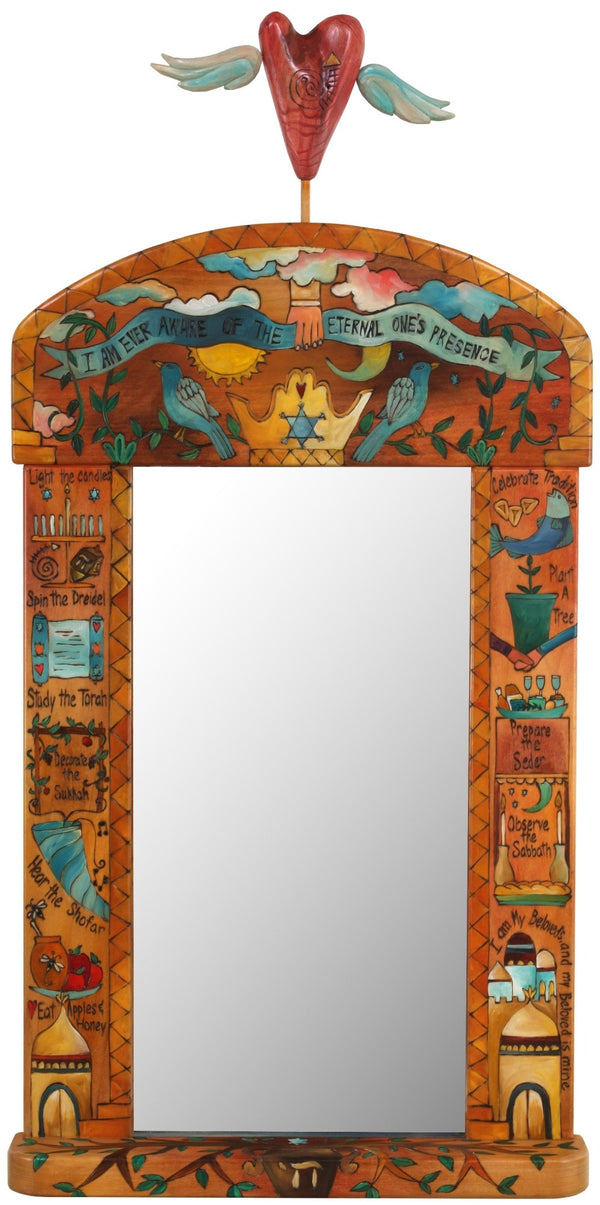 Large Mirror –  Beautiful warm Judaica mirror with floating icons cascading down the sides