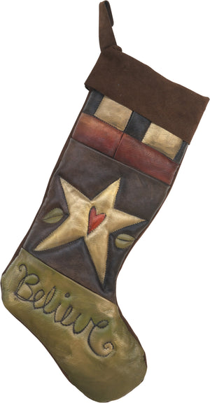 Leather Stocking –  "Believe" heart in star crazy quilt Christmas stocking
