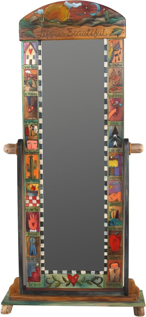 Wardrobe Mirror on Stand –  "Life is Beautiful" mirror on stand with sun and moon over the rolling hills motif