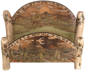 Queen Bed –  Earth tone queen bed with rolling hills landscape accompanied by grape vines motif
