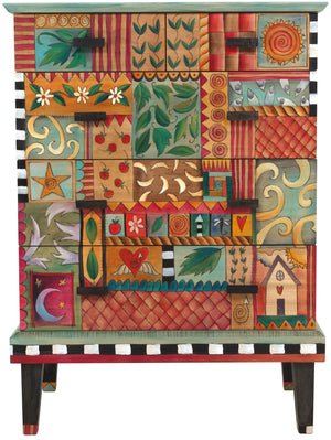 Tall Dresser –  Eclectic and colorful tall dresser with lovely romantic scrolling patterns throughout