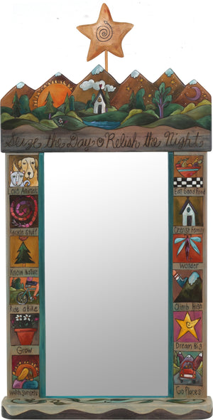Large Mirror –  "Seize the Day/Relish the Night" mirror with sun and moon on the horizon with home motif