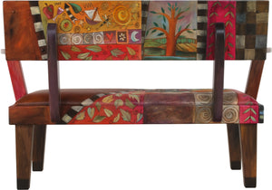 Loveseat with Leather Seat –  Beautiful loveseat with hand stitched colorful block icons and landscapes