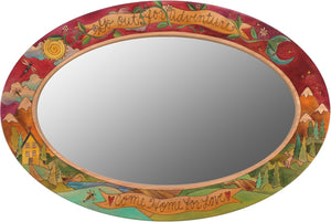 Oval Mirror –  "Go out for Adventure, Come Home for Love," oval mirror with landscapes, sun, moon and stars