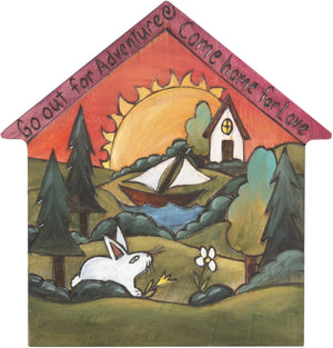 House Shaped Plaque –  "Go out for Adventure, Come home for Love" house shaped plaque with landscape, sailboat and rabbit