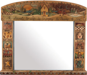 Large Horizontal Mirror –  Beautiful neutral four seasons landscape mirror top motif with boxed icons along the sides