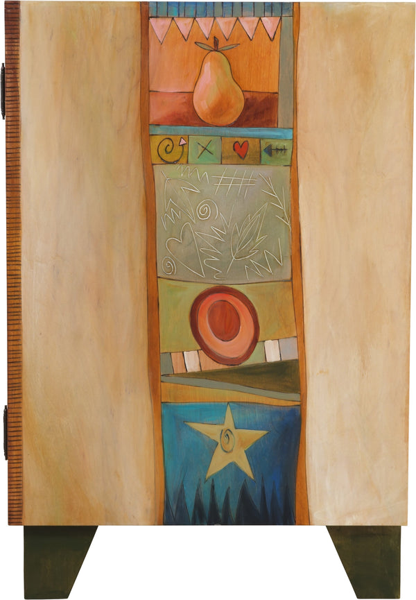 Media Buffet –  Elegant and neutral media cabinet with tree of life motifs and colorful block icons throughout