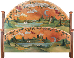King Bed – "Come Home for Love" king bed with sun and moon over sailboat on the lake motif main view