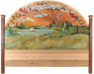 King Headboard –  Lovely landscape headboard with sun and moon and sailing ships