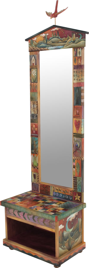 Hall Tree – Beautiful folk art hall tree with mirror and storage bench featuring birds, rolling landscapes with sun and moon, and many colorful block icons