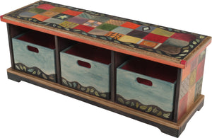 Storage Bench with Boxes –  Elegant and eclectic storage bench with colorful block icons and patterns