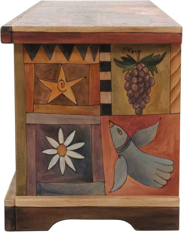 Storage Bench with Boxes –  Elegant and neutral storage bench with boxes and flowering vine motif