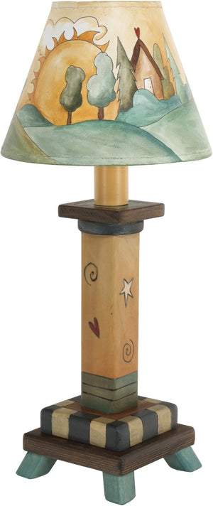 Milled Candlestick Lamp –  Lovely little lamp with a landscape motif filling the shade