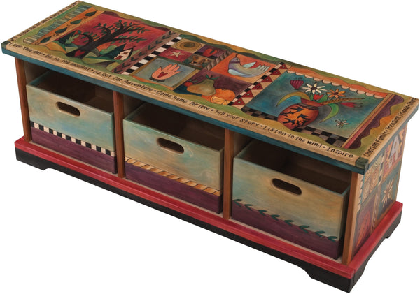 Storage Bench with Boxes –  "Love This Day" storage bench with boxes with tree of life and vase of flowers motif
