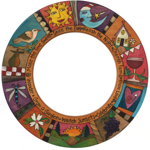 Small Circle Mirror –  "Seize the Day/Relish the Night" circle mirror with smiley sun and sleepy moon motif