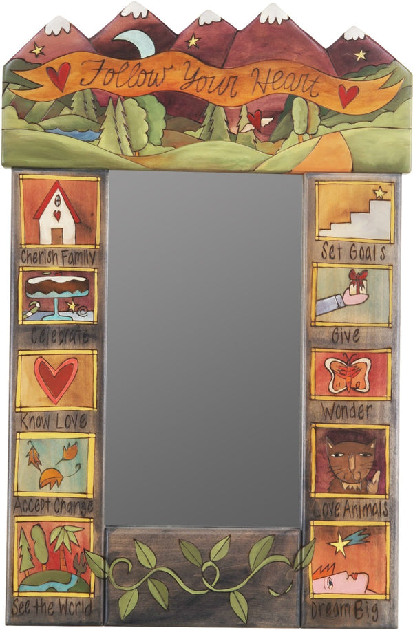Small Mirror –  Beautiful "Follow Your Heart" mirror with colorful block icons and mountain landscape