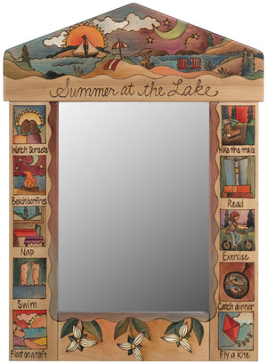 Medium Mirror –  "Summer at the lake" mirror with a beach landscape motif and boxed themed icons