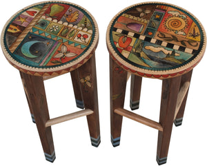 Round Stool Set –  Matching stools with colorful block icons and patterns