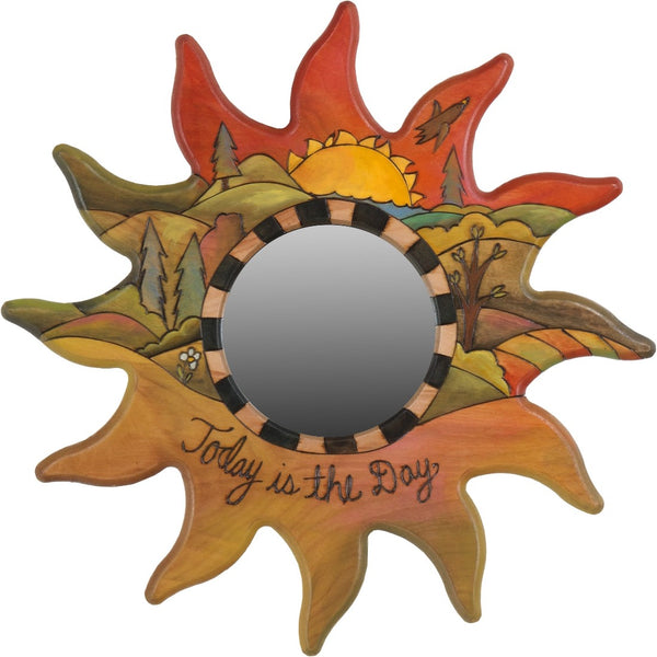 Sun Shaped Mirror –  "Today is the Day" sun-shaped mirror with sunset over the rolling hills motif