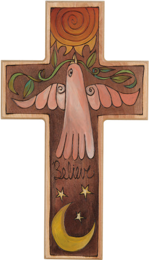 Cross Plaque –  Believe cross plaque with sun, moon and dove motif