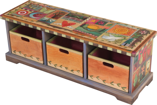 Storage Bench with Boxes –  Playfully colorful storage bench with matching boxes and block icon motif