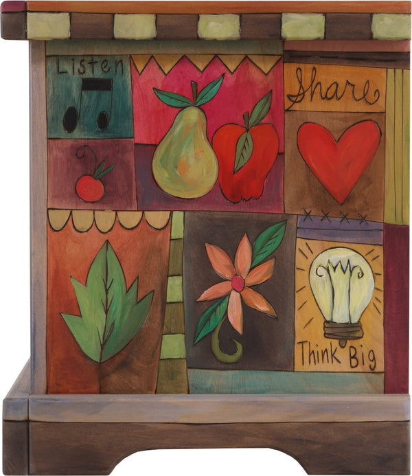 Storage Bench with Boxes –  Playfully colorful storage bench with matching boxes and block icon motif