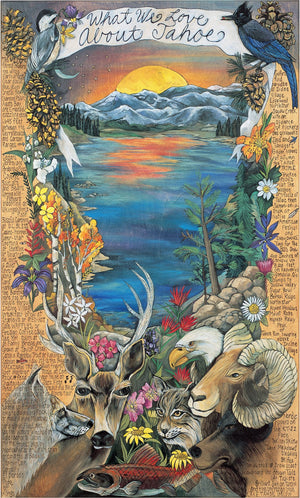 WWLA Tahoe Lithograph –  "What We Love About Tahoe" lithograph with warm sun setting over the lake motif