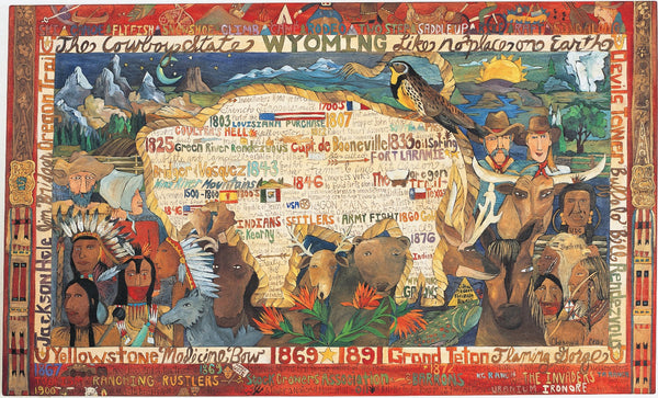 Wyoming Flag Lithograph –  "Like No Place on Earth" flag lithograph with buffalo motif