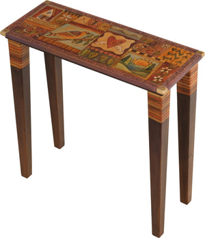 30" Console Table – Beautiful warm-toned console table with crazy quilt design top and stripes on each leg main view
