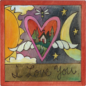 7"x7" Plaque –  "I love you" celestial motif with sun, moon, and floating heart with wings
