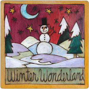 7"x7" Plaque –  "Winter Wonderland" plaque with smiley snowman under the starry sky motif