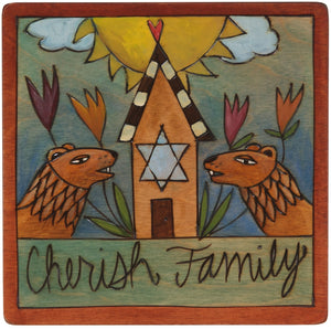 7"x7" Plaque –  "Cherish Family" hamsa heart home Judaica plaque with lions and flowers