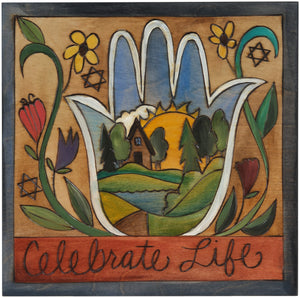 10"x10" Plaque –  "Celebrate Life" lovely Judaica plaque with landscape hamsa and floral motifs