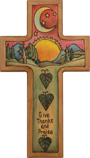 Cross Plaque –  Give Thanks and Praise cross plaque with sun and moon over the horizon motif
