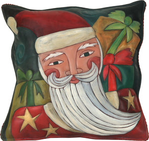 Leather Pillow –  Santa pillow with presents painted in brilliant greens and reds