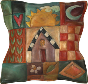 Leather Pillow –  Color block pillow with symbolic icons and patterns