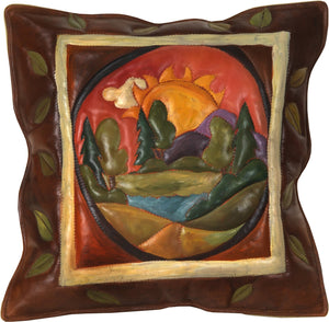 Leather Pillow –  Hand painted and stitched leather pillow with landscape and sunrise over a mountain